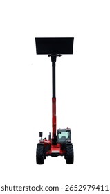 In an agricultural environment, a telescopic handler extends its arm to elevate heavy loads high above the ground. The machinery operates efficiently under clear skies.