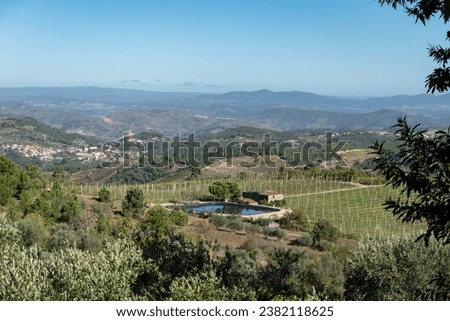 Agricultural farm with apple orchard and a small dam as a water reservoir for irrigation in the middle of hills and mountains