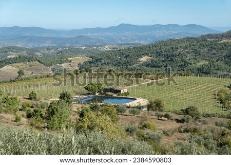 Agricultural farm with a large apple orchard and a small dam as a water reservoir for irrigation in the middle of hills and mountains