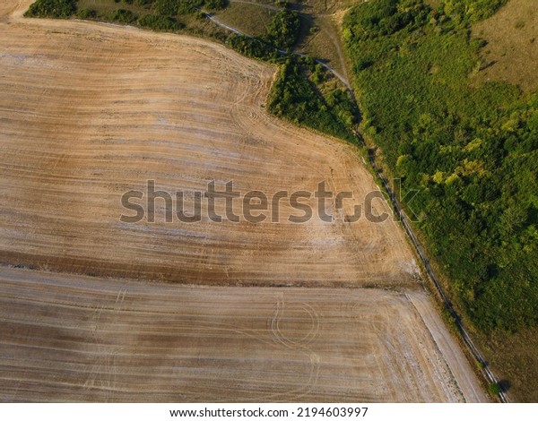 Agricultural Farms and Working Machines at\
Dunstable Downs England. High Angle Footage taken with drone\'s\
camera on a hot summer day of\
England