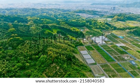 Agricultural field and modern city aerial view. Environment concept.