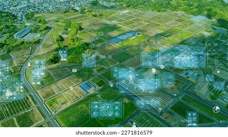Agricultural land aerial view and statistics concept. Data analysis. Real estate. Agri-tech.