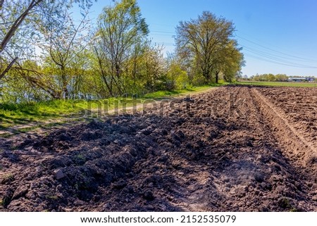 Agricultural land prepared for cultivation, uncultivated, along a trail with trees, wild plants and the Oude Maas river, sunny spring day with a blue sky in Stevensweert, South Limburg, Netherlands