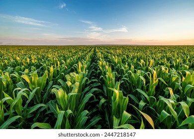 Agricultural landscape with vibrant green cornfield at sunset - Powered by Shutterstock