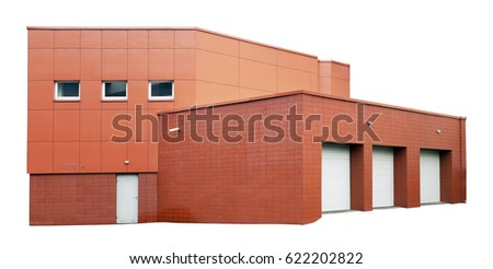 The agricultural no name mass production brick garage and warehouse is revetted with red metal panels. Isolated on white