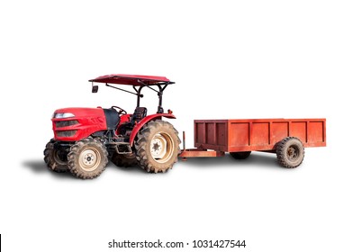 Agricultural red tractor with trailer isolated on white background. Clipping path included.
