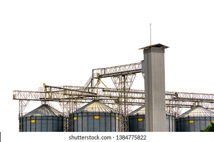 Agricultural Silo At Feed Mill Factory. Flat Silo For Store And Drying Grain, Wheat, Corn At Farm. Storage Of Agricultural Product. Big Tank For Store Grain. Grain Stock Tower. Agriculture Industry. 