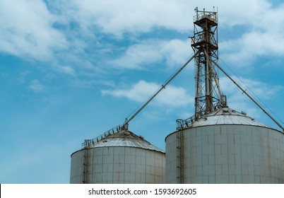 Agricultural Silo At Feed Mill Factory. Silo For Store And Drying Grain, Wheat, Corn At Farm. Agricultural Manufacturing. Tank For Store Seed. Grain Stock Tower. Agriculture Industry. Farm Management.