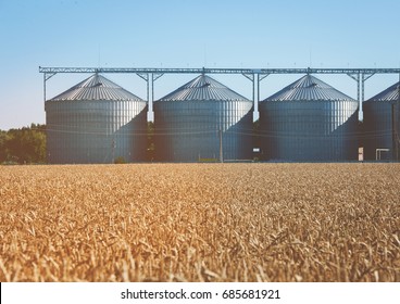 Agricultural Silo, foregro plantations. Set of storage tanks cultivated agricultural crops processing plant. Building Exterior, Storage and drying of grains, wheat, corn, soy, hay