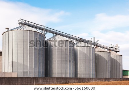 Agricultural Silos. Building Exterior. Storage and drying of grains, wheat, corn, soy, sunflower against the blue sky with white clouds