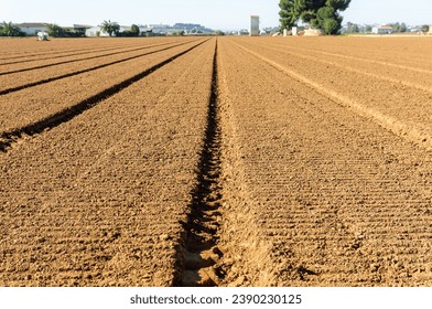 Agricultural Symmetry: Preparing the field with geometric furrows for planting.