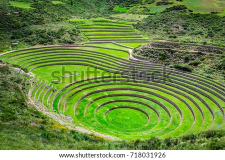Agricultural terraces in  the Sacred Valley. Moray in Cuzco, Sacred Valley, Peru