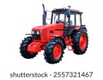 Agricultural tractor isolated on a white background. Modern technological farm tractor. Front view.
