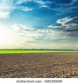agriculture black field and sunset in blue sky with clouds