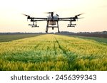 Agriculture drone mapping the field and spraying crops with herbicide.