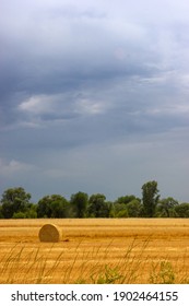 Agriculture Farm Field Haystack Calm Landscape. Harvesting Time On An Agricultural Field In The Almaty Region Of Kazakhstan. Vertical, Copy Space