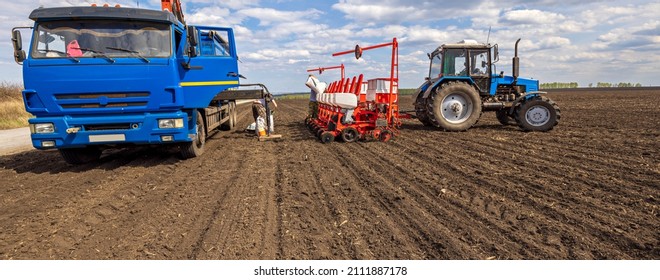 Agriculture Farm Tractor Seeding Machine Field Seeder Village Planter Rural Working Combine Tillage Plowing Agricultural Equipment Season Sowing Grain Spring Time Process Planting Seeds 