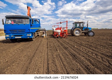 Agriculture Farm Tractor Seeding Machine Field Seeder Village Planter Rural Working Combine Tillage Plowing Agricultural Equipment Season Sowing Grain Spring Time Process Planting Seeds 