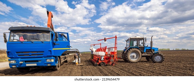 Agriculture Farm Tractor Seeding Machine Field Seeder Village Planter Rural Working Combine Tillage Plowing Agricultural Equipment Season Sowing Grain Spring Time Process Planting Seeds 