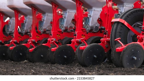 Agriculture Farm Tractor Seeding Machine Field Seeder Village Planter Rural Working Combine Tillage Plowing Agricultural Equipment Season Sowing Grain Spring Time Process Planting Seeds 