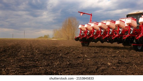 Agriculture Farm Tractor Seeding Machine Field Seeder Village Planter Rural Working Combine Tillage Plowing Agricultural Equipment Season Sowing Grain Spring Time Process Planting Seeds 