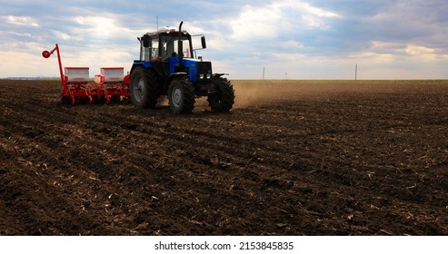 Agriculture Farm Tractor Seeding Machine Field Seeder Village Planter Rural Working Combine Tillage Plowing Agricultural Equipment Season Sowing Grain Spring Time Process Planting Seeds 