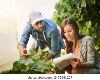 Agriculture, farmer and couple on paper for plant growth or harvest vegetables in nature. Man, woman and work at garden farm together on document for agro, discussion or food production at greenhouse - Powered by Shutterstock