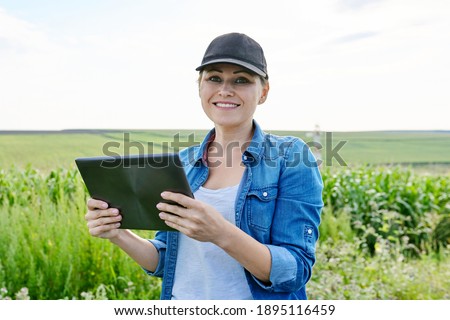 Agriculture farming, woman agronomist farmer working with digital tablet in corn field, analyzes the harvest.