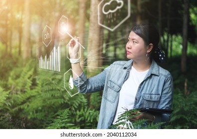 Agriculture female farmer using tablet device technology checking on plant in forest data computer analysis on plant growth with visual icon, examining cultivating nature reserving environment. - Powered by Shutterstock