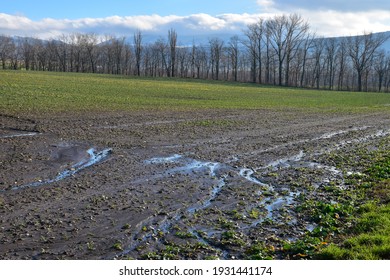 Agriculture field landscape with wet soil erosion in spring weather farmland plain