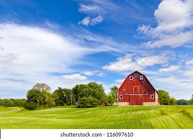 Agriculture Landscape With Old Red Barn