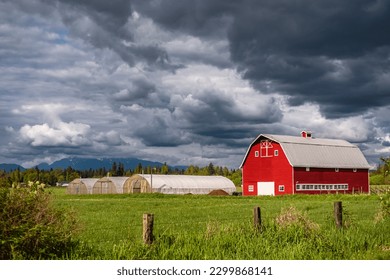 Agriculture Landscape With Old Red Barn in overcast day. Countryside landscape. Farm, red barn. Rural scenery, farmland in Canada - Powered by Shutterstock