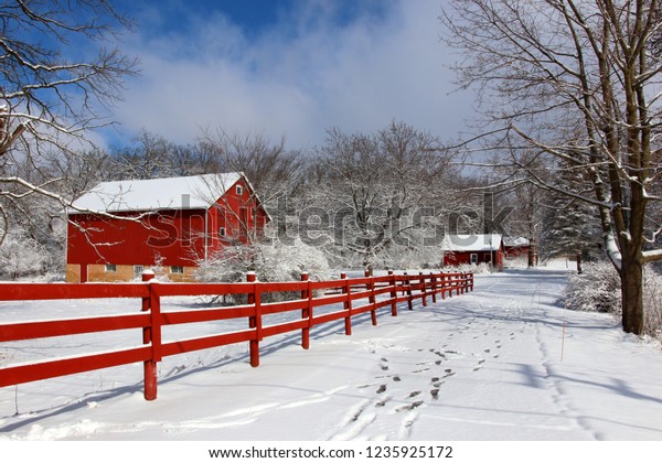 Agriculture and rural life at winter background.Rural landscape with red barn, wooden red fence and trees covered by fresh snow in sunlight. Scenic winter view at Wisconsin, Midwest USA, Madison area.