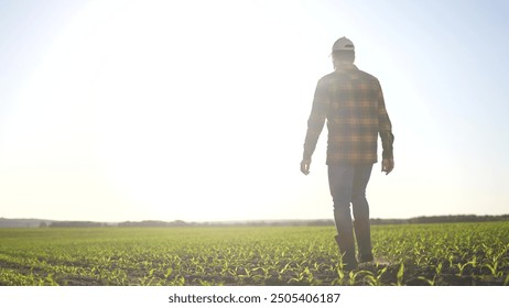 Agriculture. Silhouette of a farmer with his corn coming out of the field. Farm agriculture crop concept. Farmer working in a field of corn at sunset. Farmer working lifestyle in corn at sunset. - Powered by Shutterstock