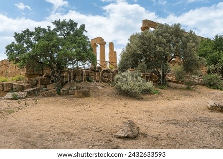 Agrigento, Italy-May 10, 2022:the imposing Greek Temple of Juno inside the Valle di Templi archaeological park near Agrigento during a sunny day