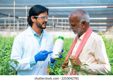 agro scientist at greenhouse explaining by hoilding fertilizer or pest control bottle to village farmer - concpet of advice, guidance and support - Powered by Shutterstock