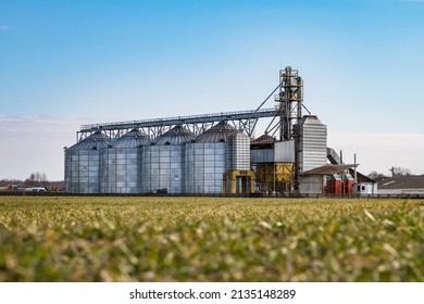 agro silos granary elevator on agro-processing manufacturing plant for processing drying cleaning and storage of agricultural products, flour, cereals and grain. 
