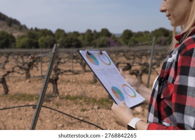 Agronomist checking data charts on a clipboard, monitoring vineyard health, making informed decisions for grape cultivation, and ensuring sustainable farming practices