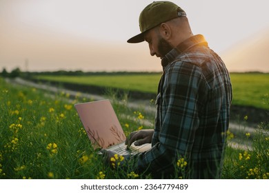 An agronomist inspects rapeseed crops growing on a farm. The concept of agricultural production. A farmer with a laptop in a rapeseed field at sunset.