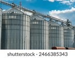 Agro-processing manufacturing plant for processing drying cleaning and storage of agricultural products. Modern silos for storing grain harvest. Agro industry.