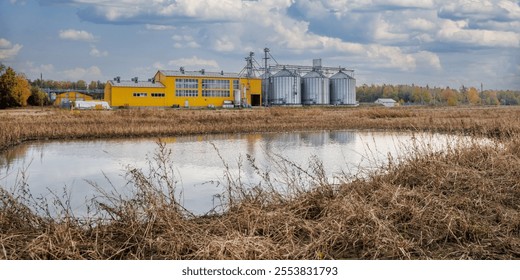 agro-processing and manufacturing plant for processing and silver silos for drying cleaning and storage of agricultural products, flour, cereals and grain. Granary elevator
