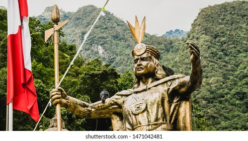 Aguas Calientes, Peru - 05/21/2019: Statue of Inca Emperor Pachacuti in Aguas Calientes square in Peru outside Machu Picchu.
