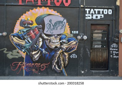 AGUASCALIENTES, MEXICO - NOVEMBER 10, 2013: Tattoo shop in Centro or downtown Aguascalientes, Aguascalientes state, North central Mexico. 
