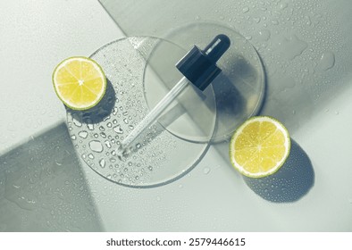 Producto cosmético del ácido acítrico o de la vitamina c con el gotero en fondo amarillo