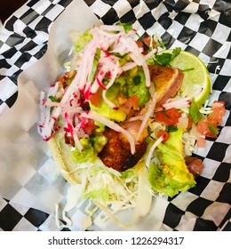 Ahi Tuna Taco With Seared Fish Guacamole And Daikon Radish Topping Gourmet Street Food