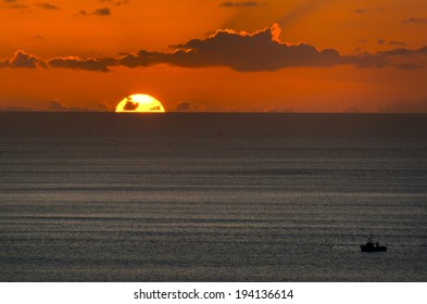 AHIPARA,NZL - MAY 19 2014:Fishing Vessel Trawler Boat Fishing On Sunset.NZL Exclusive Economic Zone Covers 4.1 Million Km2,It's The 6th Largest Zone In The World And 14 Times The Size Of New Zealand.