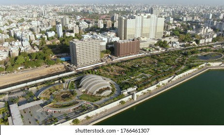 Ahmedabad,Gujarat/India- June 15,2020: Aerial View Of Riverfront, Garde And Buildings Landscape. Post Coronavirus Covid-19 City Reopens. Social Distancing Rules After City Restrictions Ease. Drone Fly