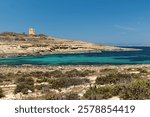 The Ahrax watchtower was built in 1658 above Armier Bay in the north of Malta island near Mellieha town. Republic of Malta. Europe.