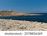 The Ahrax watchtower was built in 1658 above Armier Bay in the north of Malta island near Mellieha town. Republic of Malta. Europe.