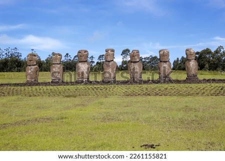 Ahu Akivi, Easter island, Chile. A sacred place with seven moai, all equal size and shape. The moai face sunset during the Spring equinox and have their backs to sunset during the Autumn Equinox.